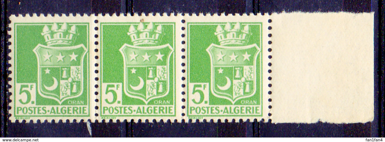 Colonies Françaises Et Protectorats (ALGERIE) - 1942 - Bande De 3 N° 183d - 5 F. Vert-jaune - (Papier Bristol, Vs Jaune) - Luftpost