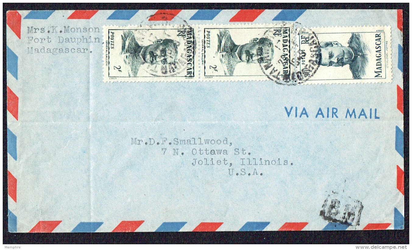 1949 Lettre Avion    De Port-Dauphin   Pour Les USA Yv 309 X2, 317 - Covers & Documents