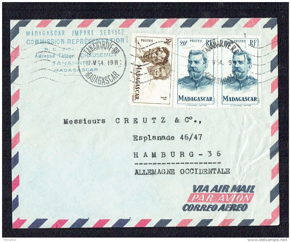 1954   Lettre Avion    De  Tananarive   Pour L'Alllemagne Occidentale  Yv 306, 317 X2 - Covers & Documents