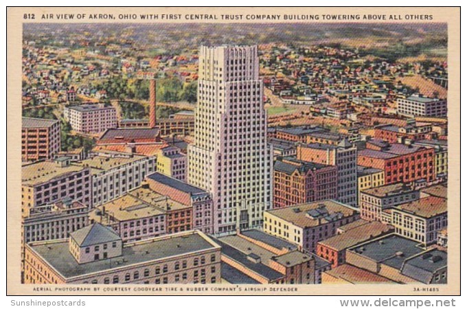 Ohio Akron Aerial View Showing First Central Trust Company Building 1941 Curteich - Akron