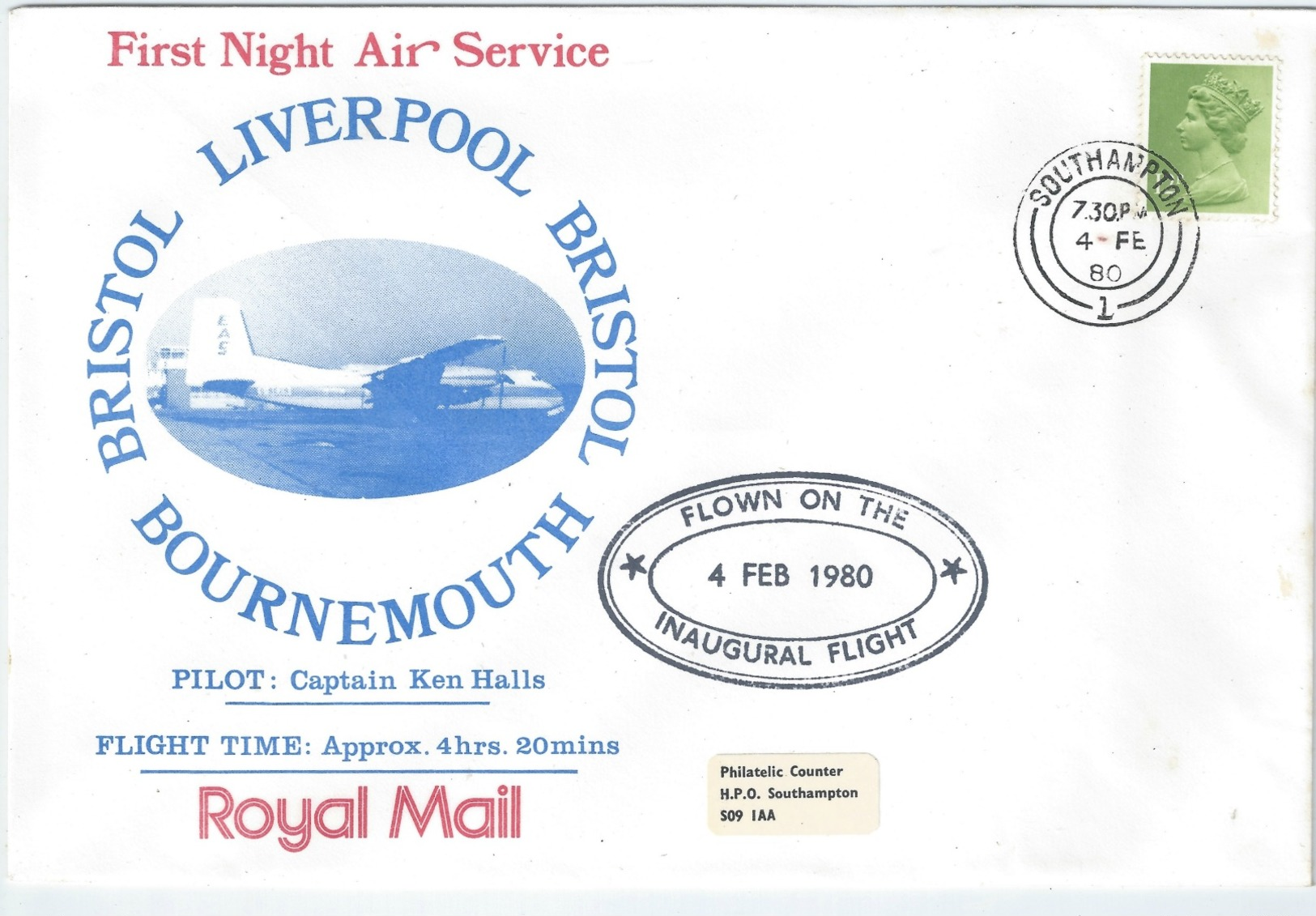 First Night Air Service Cover BRISTOL LIVERPOOL BRISTOL BOURNEMOUTH Flown On The Inaugural Flight 4 Feb 1980 - 1971-1980 Decimal Issues