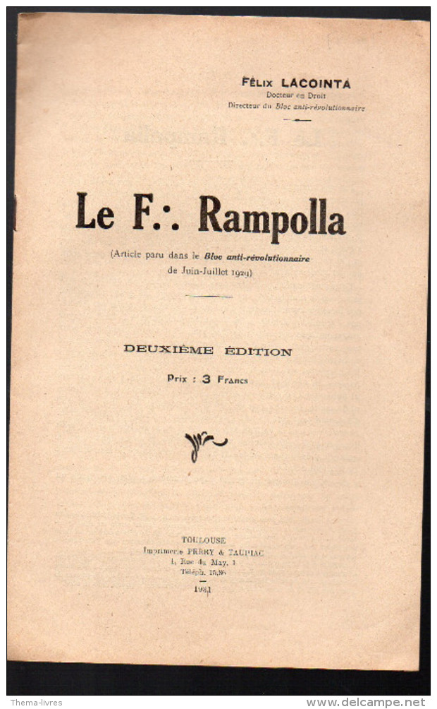 (franc Maçonnerie) : Plaquette: Le F:. RAMPOLLA  1931 (F.0804) - Other & Unclassified