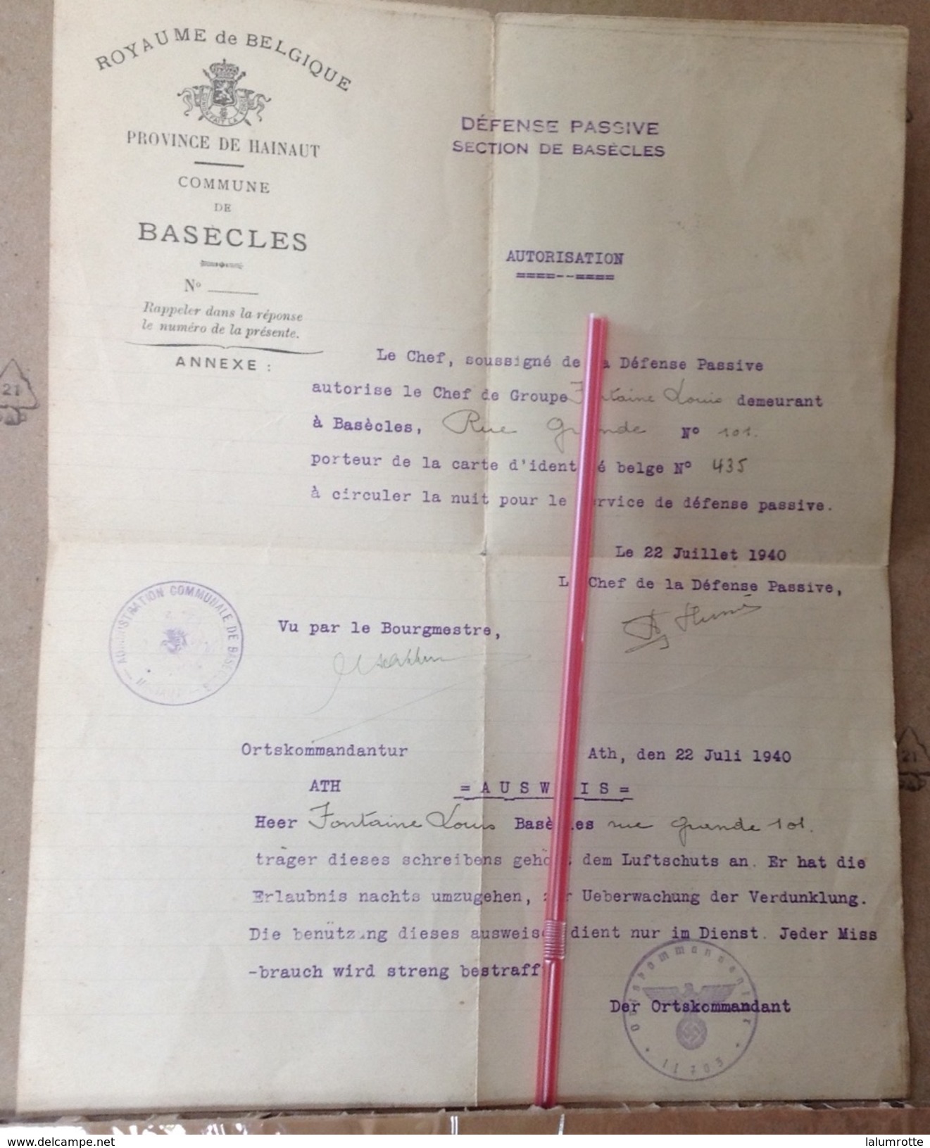 PAD. 184. Basècles, Ath 1940. Défense Aérienne Passive, Autorisation, Ausweis Pour Fontaine Louis François - Documents Historiques