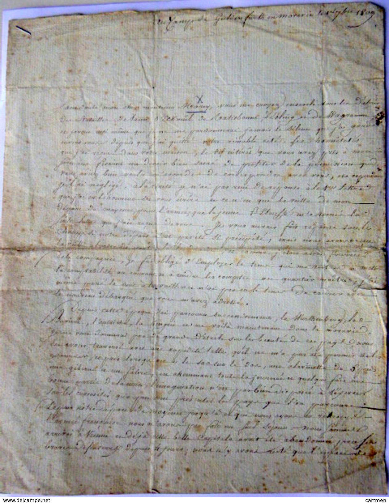 ESSLING 1809  MANUSCRIT GUERRES NAPOLEONIENNES    LETTRE ORIGINALE MANUSCRITE PAR LE SERGENT BERAULT EXPEDIEE DE MORAVIE - Documents