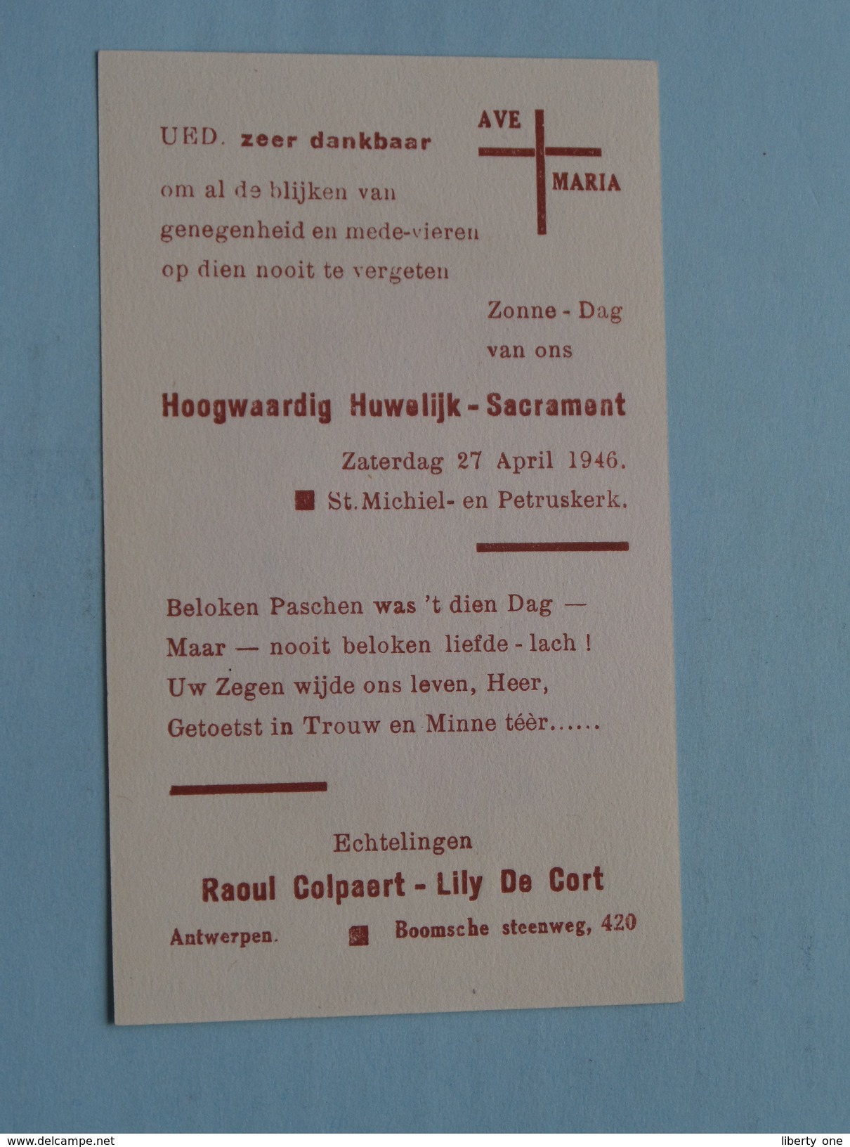 Hoogwaardig HUWELIJK-Sacrament Raoul COLPAERT - Lily DE CORT Antwerpen 27 April 1946 St. Michiel- En Petruskerk ! - Religione & Esoterismo