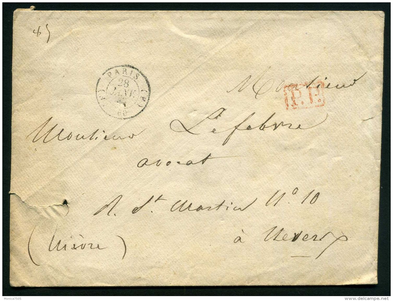 FRANCE  PARIS : ENVELOPPE  DE  PARIS  POUR  NEVERS  DU  28  JANVIER  1847 , A  VOIR . - 1849-1876: Période Classique