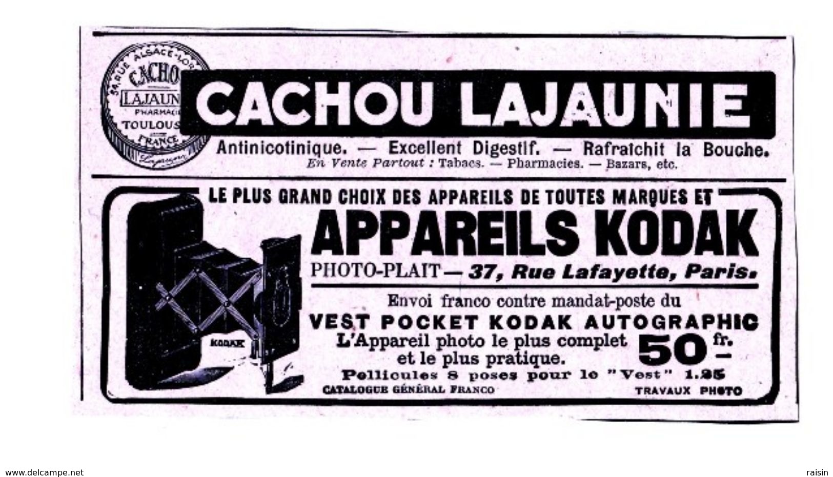 Pub.1916 Appareils Photo Kodak  Vest Pocket Kodak Autographic Le Plus Complet Et Plus Pratique  Cachou Lajaunie TBE - Publicités