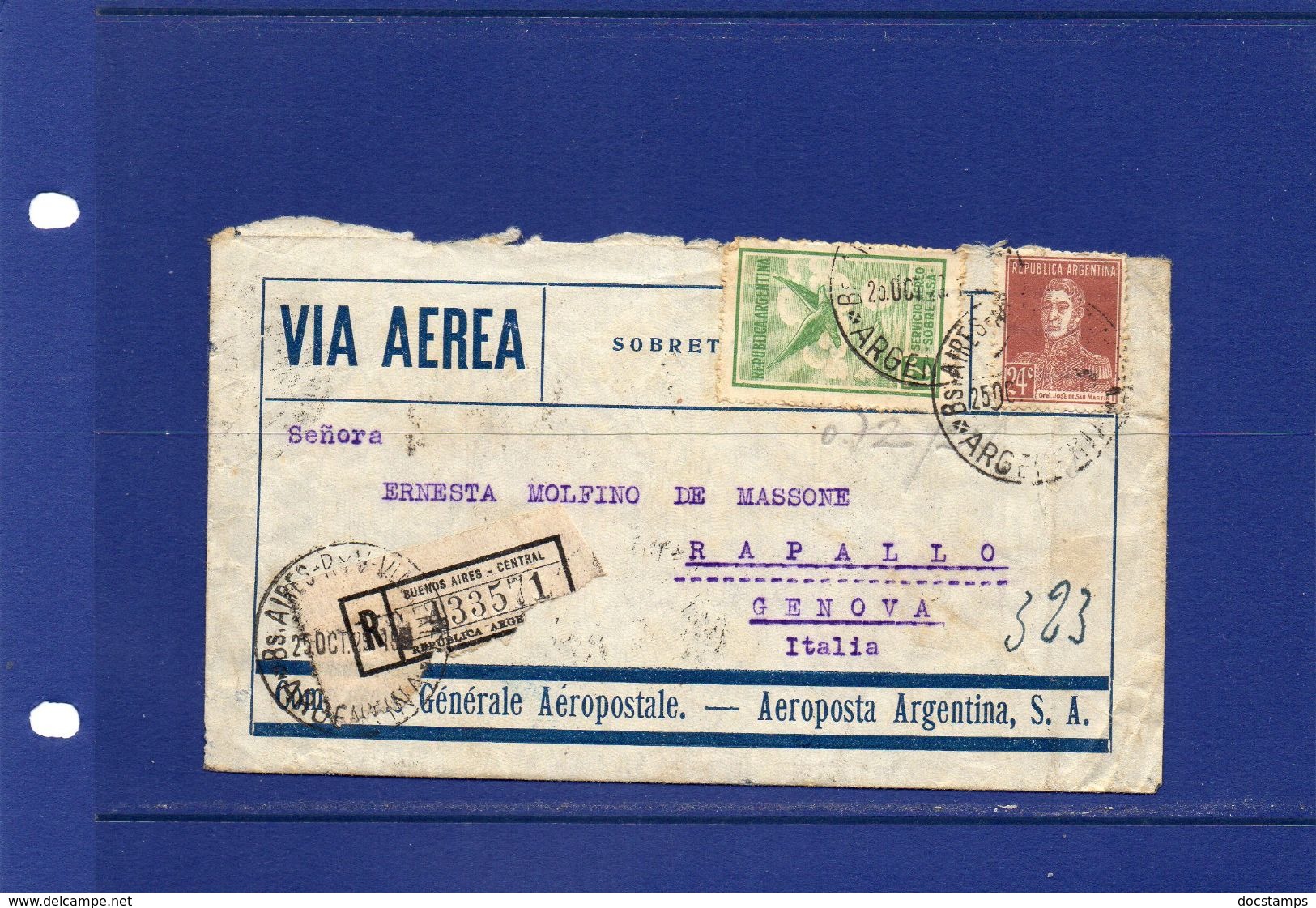 POSTAL HISTORY 25-10-1929  Buenos Aires   Registered Airmail Cover To Italy - Storia Postale