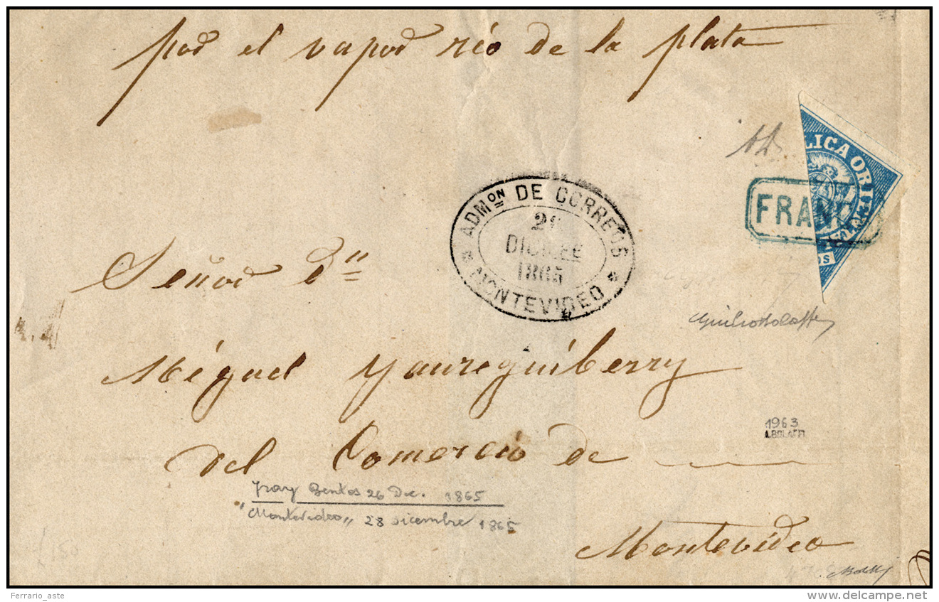 URUGUAY 1865 - 12 Centavos Frazionato A Met&agrave;&nbsp; Diagonalmente (S.G.76) Su Busta Da Fray Bentos Del 26/... - Autres & Non Classés