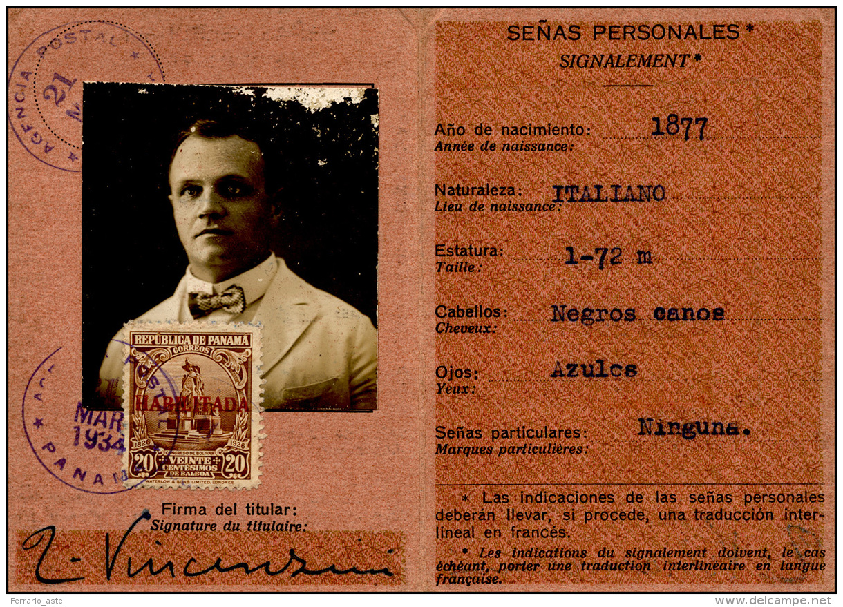 PANAMA 1934 - Tessera Di Riconoscimento Postale Con 20 Cent. Soprastampato "Habilitada" (167), Ottim... - Autres & Non Classés