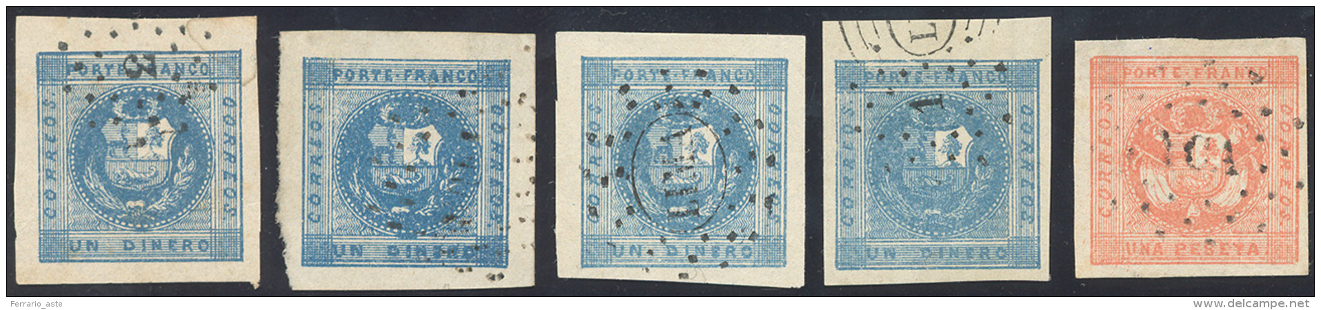 PERU' 1858 - 1 D. Azzurro, Tre Esemplari, E 1 Peseta Rosso (3,3A), Usati, Perfetti. ... - Autres & Non Classés