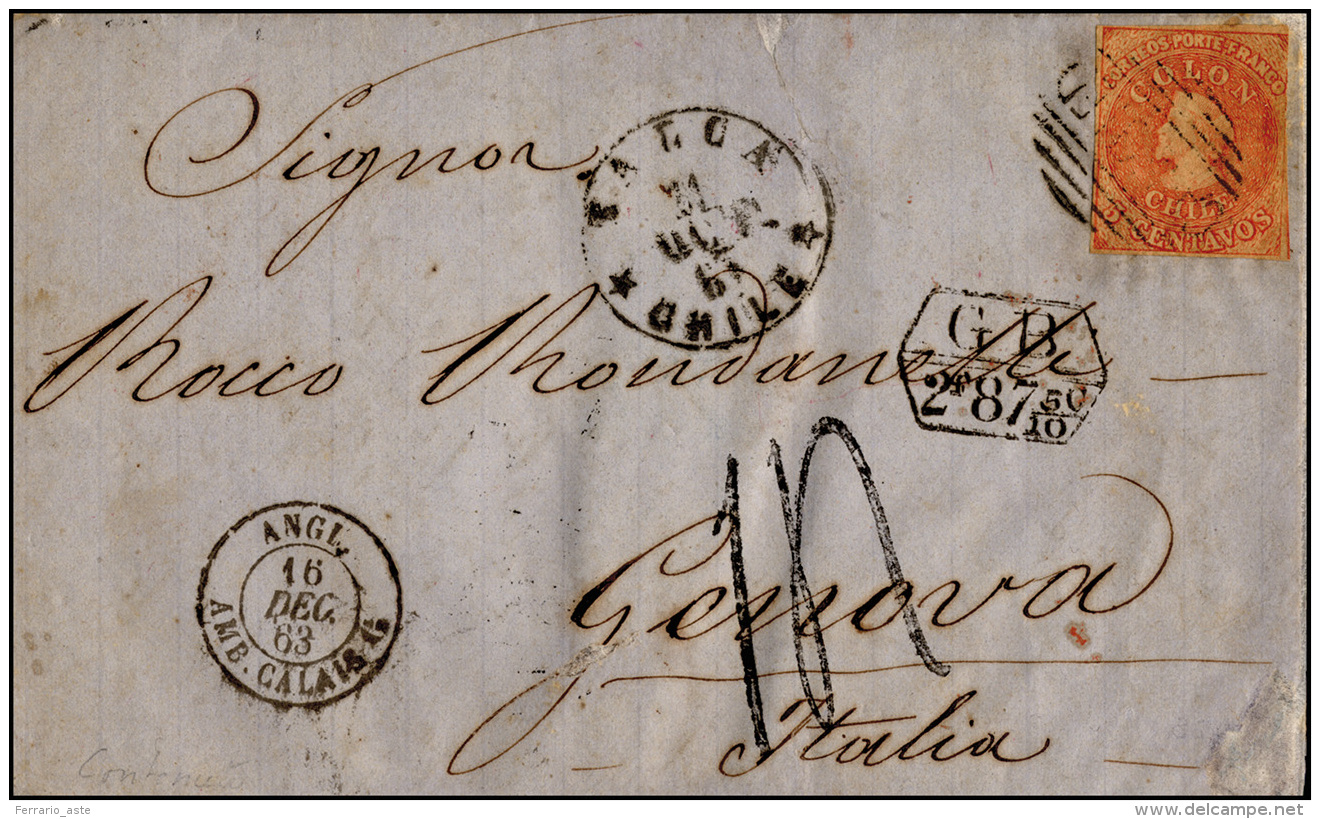CILE 1863 - 21 October 1863, Single Rate Letter From Talca To Genoa Prepaid 5 Centavos To The Embark... - Autres & Non Classés