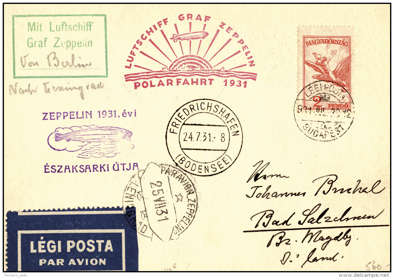 UNGHERIA POSTA AEREA 1931 - Cartolina Affrancata Dall'Ungheria 20/7/1931 Trasportata A Leningrado Co... - Autres & Non Classés