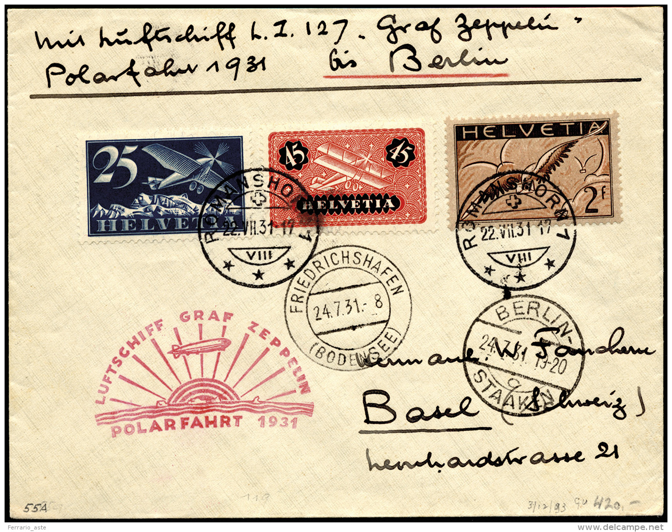 SVIZZERA POSTA AEREA 1931 - Lettera Affrancata Dalla Svizzera 22/7/1931 Trasportata Con La Crociera ... - Other & Unclassified