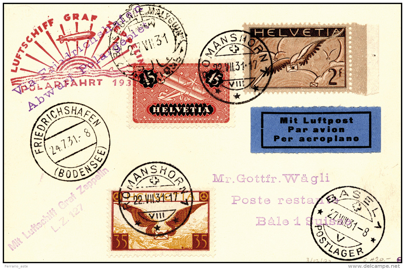 SVIZZERA POSTA AEREA 1931 - Cartolina Affrancata Dalla Svizzera 22/7/1931 Trasportata Con Il Dirigib... - Other & Unclassified