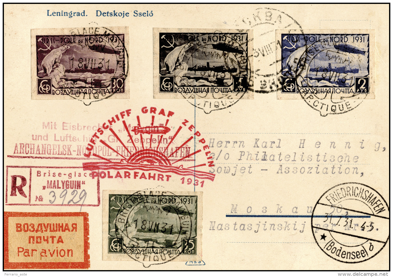 RUSSIA POSTA AEREA 1931 - Zeppelin Polar Fahrt, Serie Non Dentellata (A27A/A30A), Perfetti, Su Carto... - Other & Unclassified