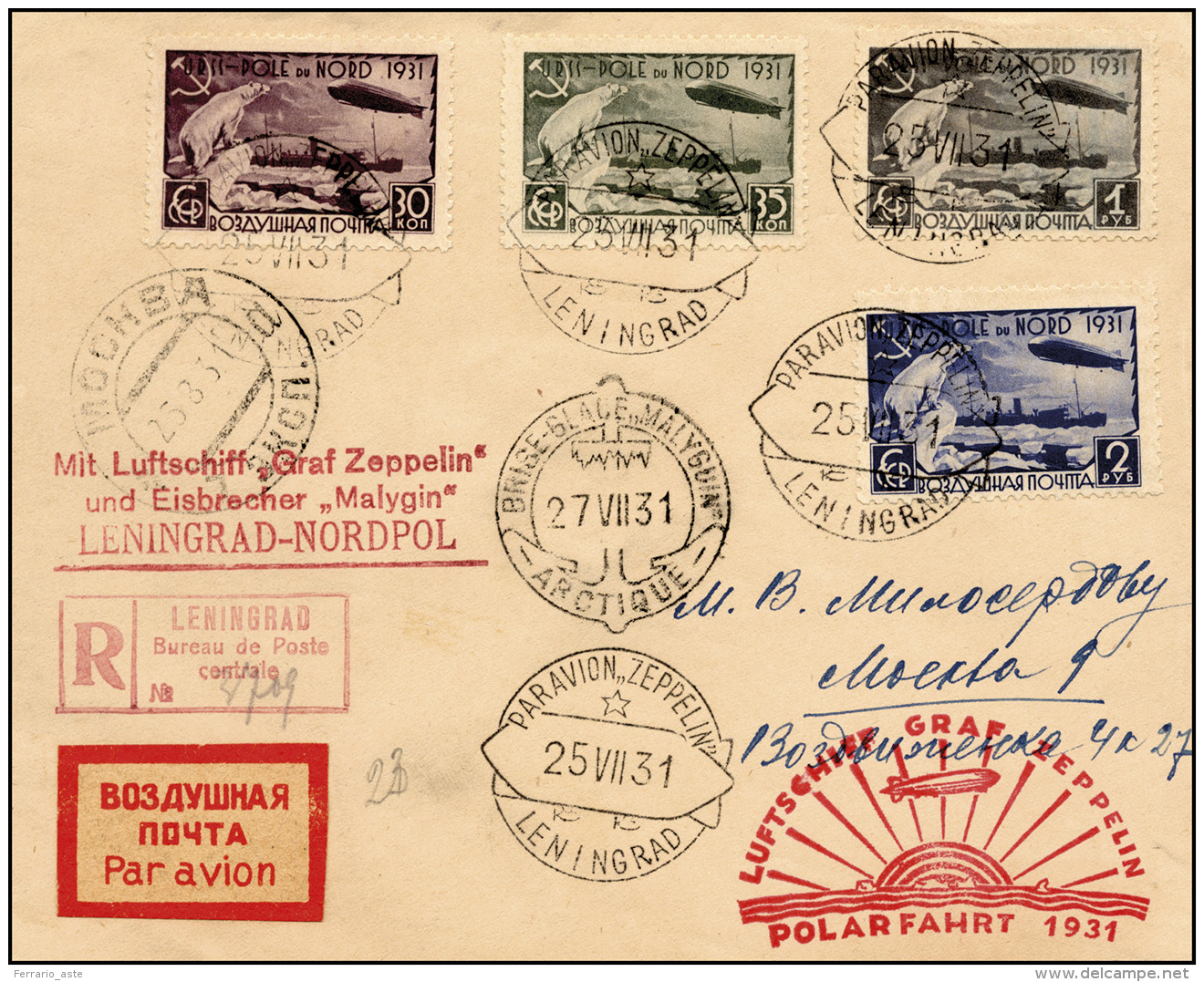 RUSSIA POSTA AEREA 1931 - Zeppelin Polar Fahrt, Serie Dentellata (A27/A30), Perfetti, Su Aerogramma ... - Other & Unclassified