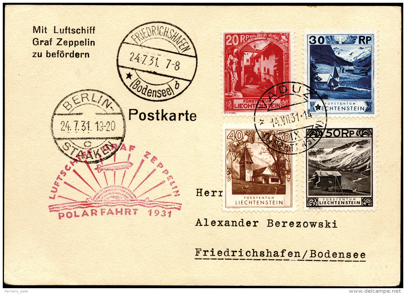 LIECHTENSTEIN POSTA AEREA 1931 - Cartolina Affrancata Del Liechtenstein 14/7/1931 Trasportata Con La... - Other & Unclassified