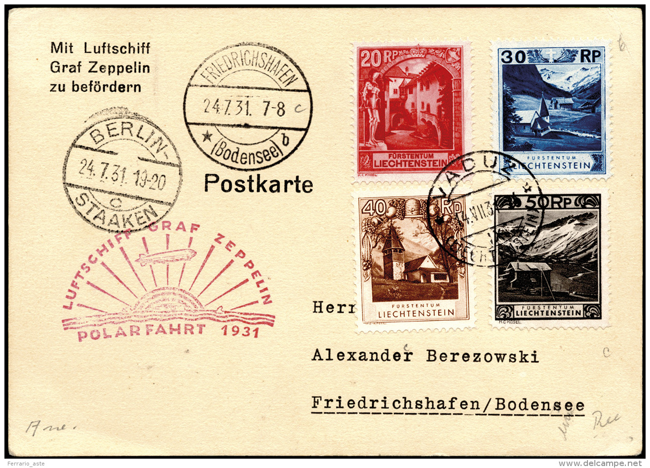 LIECHTENSTEIN POSTA AEREA 1931 - Cartolina Affrancata Dal Liechtenstein 14/7/1931 Trasportata Con Il... - Altri & Non Classificati