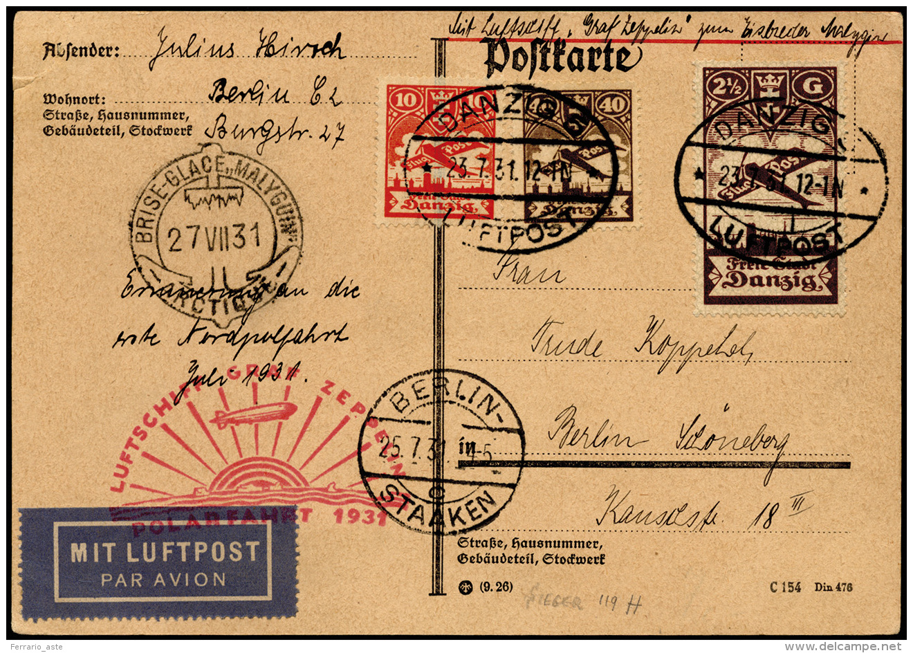 DANZICA POSTA AEREA 1931 - Cartolina Affrancata Da Danzica 23/7/1931 Trasportata Da Berlino Al Polo ... - Altri & Non Classificati