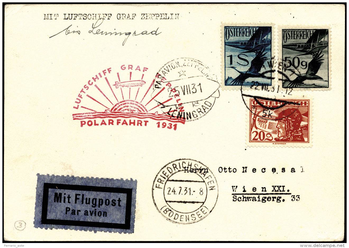 AUSTRIA POSTA AEREA 1931 - Lettera Affrancata Dall'Austria 22/8/1931 Trasportata A Leningrado Con La... - Autres & Non Classés