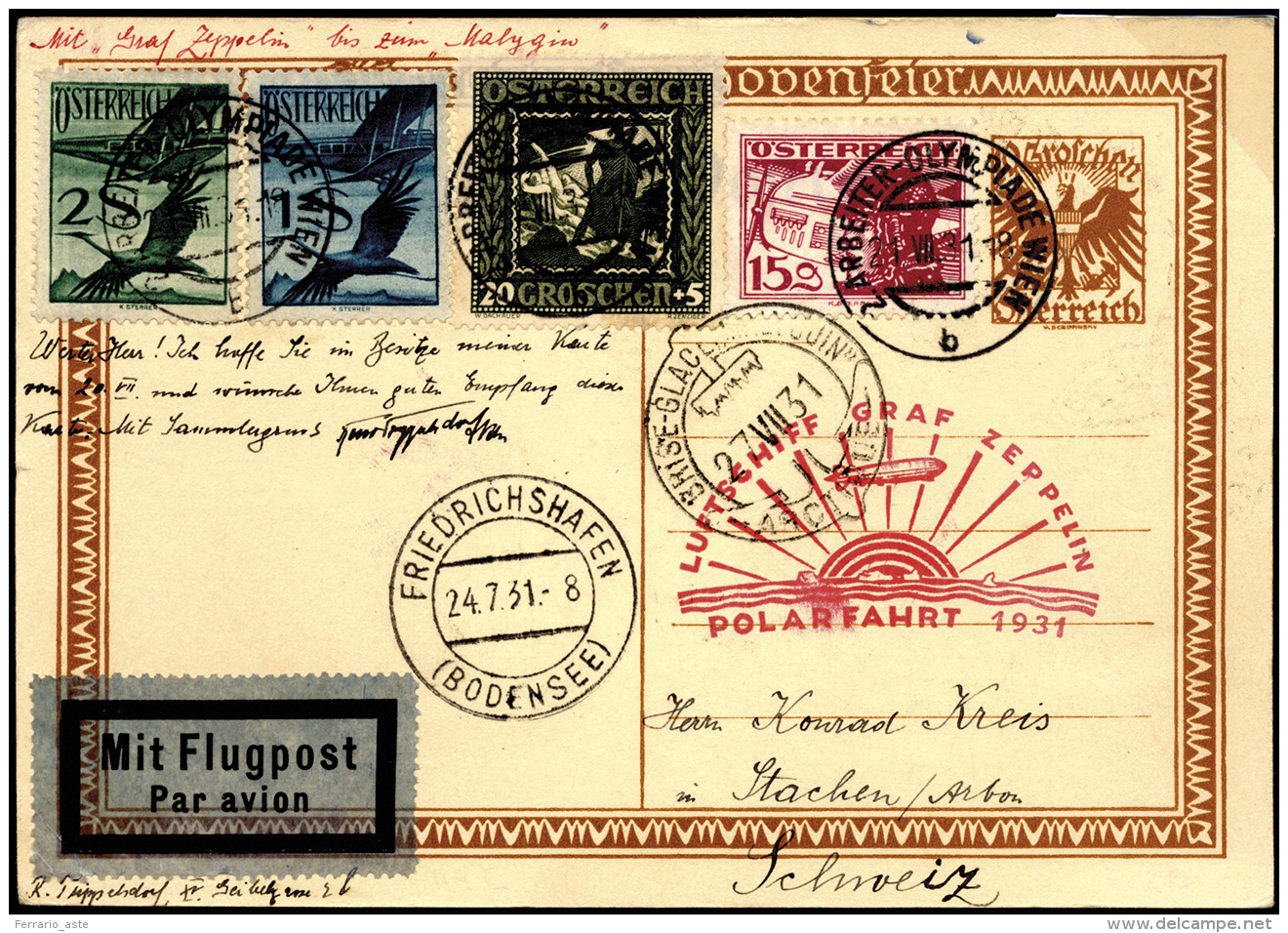 AUSTRIA POSTA AEREA 1931 - Cartolina Postale Con Affrancatura Complementare Dall'Austria 21/7/1931 T... - Sonstige & Ohne Zuordnung