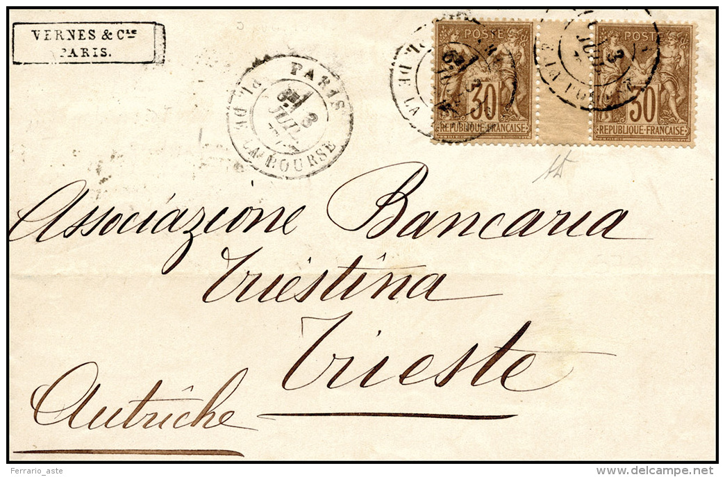 FRANCIA 1877 - 30 Cent. Sage (69), Coppia Orizzontale Con Intersazio Di Gruppo, Perfetta, Su Lettera... - Autres - Europe