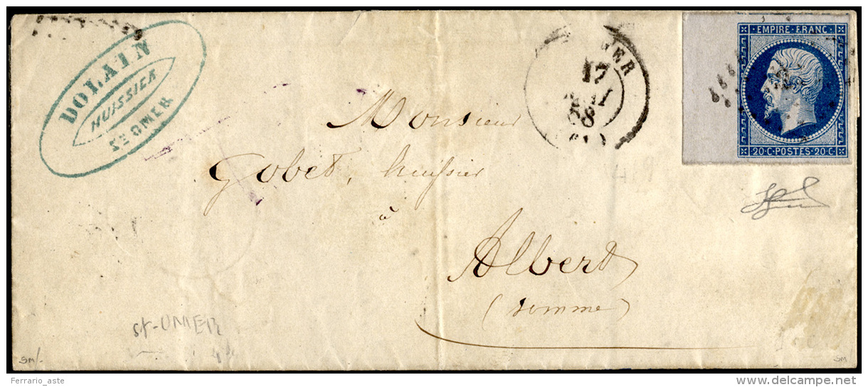 FRANCIA 1858 - 20 Cent. Azzurro, Napoleone III (14), Bordo Di Foglio A Sinistra, Perfetto, Su Letter... - Autres - Europe