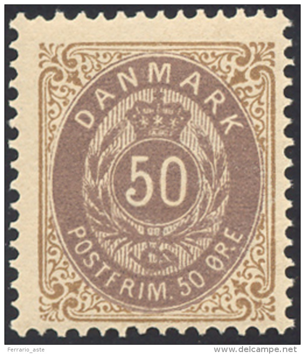 DANIMARCA 1875/79 - 50 O. Bistro E Viola, Dent. 14 X 13 1/2 (28Aa), Gomma Originale Integra, MNH, Pe... - Autres - Europe