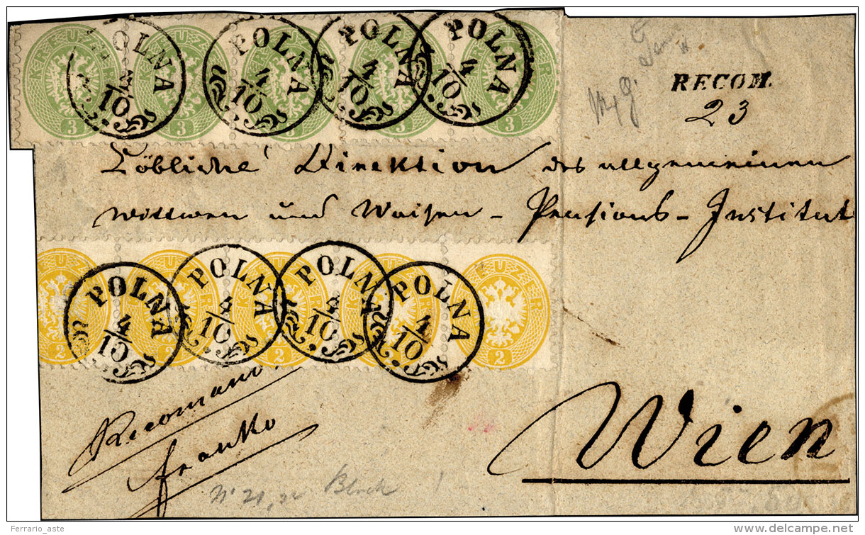 AUSTRIA 1863 - 2 Kr. Giallo Striscia Di Cinque, 3 K. Verde Striscia Di Tre E Coppia, Dent. 9 1/2 (27... - Autres - Europe