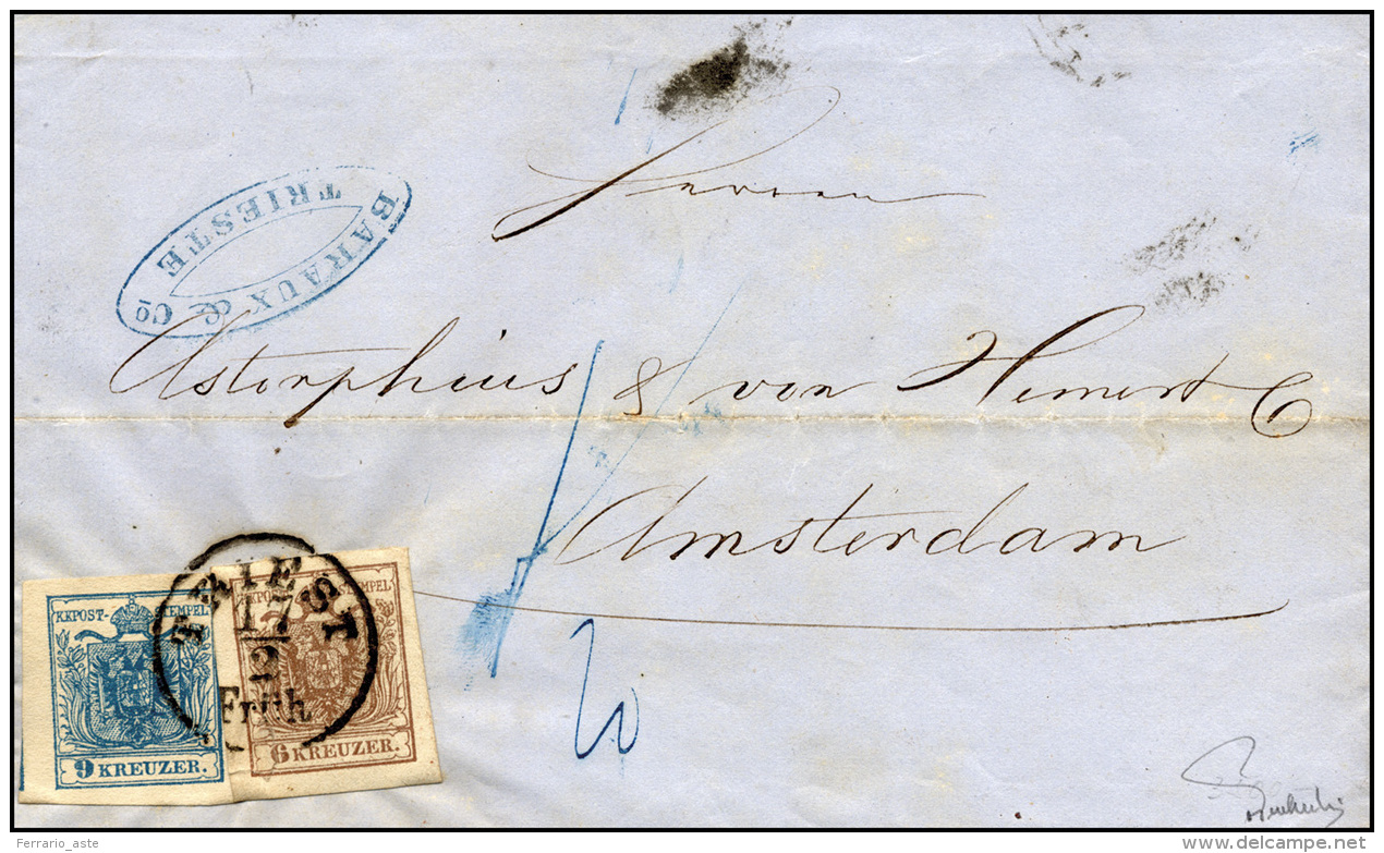 AUSTRIA 1857 - 6 Kr. Bruno E 9 Kr. Azzurro, Carta A Macchina (4/I,5/I), Perfetti, Su Lettera Da Trie... - Autres - Europe