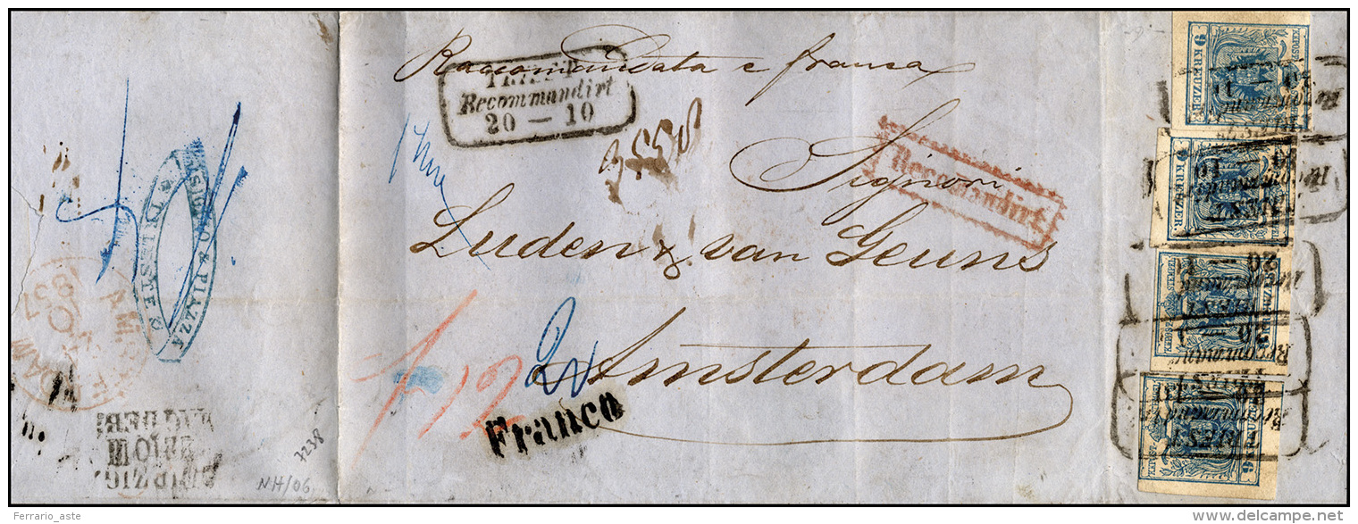 AUSTRIA 1855 - 9 Kr. Azzurro, Carta A Macchina (5/I), Quattro Esemplari, Ottimo Stato, Al Verso Di S... - Autres - Europe