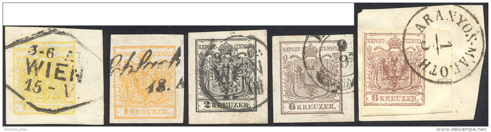 AUSTRIA 1850 - 1 Kr. Giallo, Due Esemplari, 2 Kr. Nero, 6 Kr. Bruno, Due Esemplari (1,2,4), Usati, P... - Autres - Europe