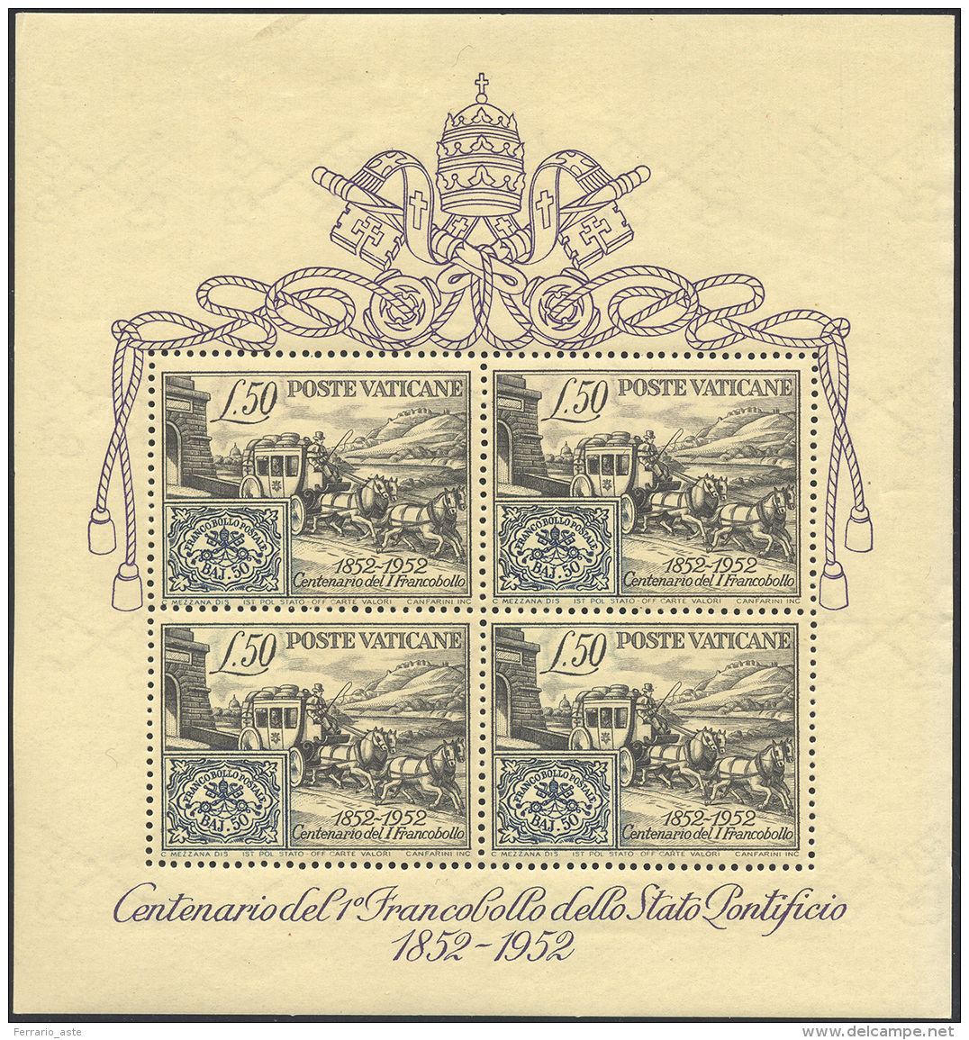 1952 - 50 Lire Centenario, Foglietto (1), Gomma Originale Integra, Perfetto. ... - Blocks & Sheetlets & Panes