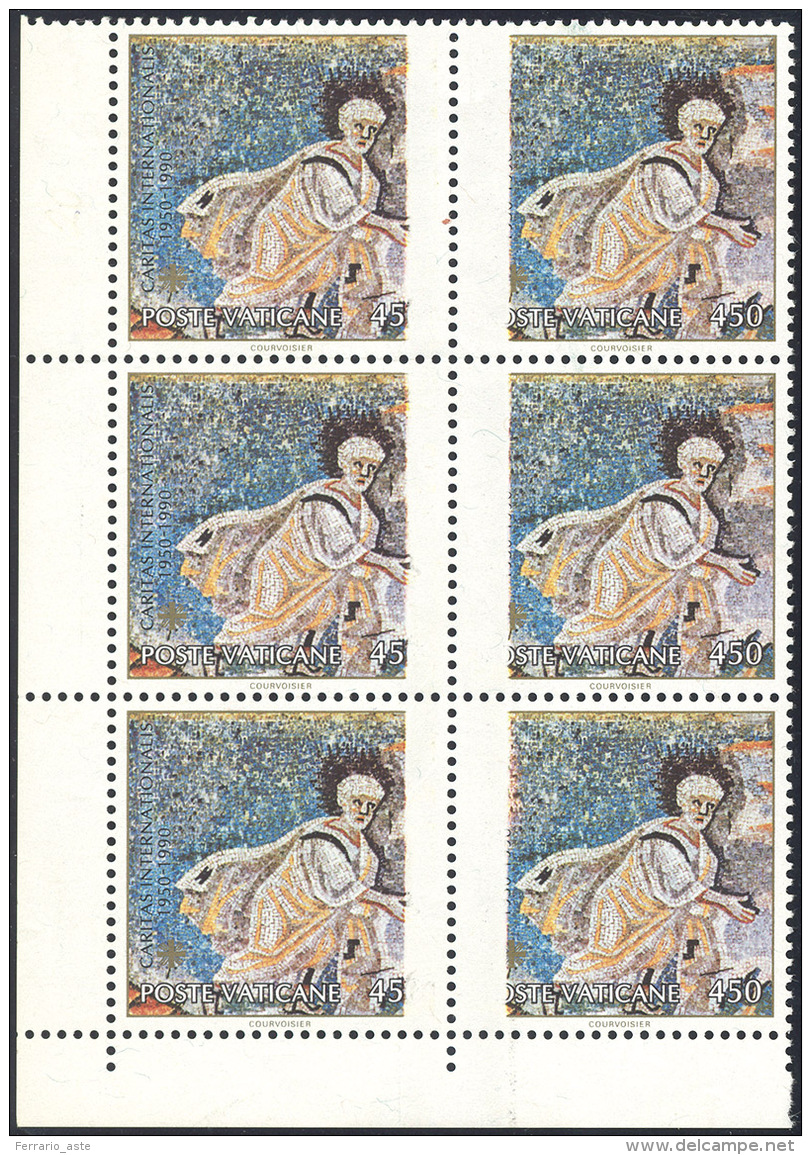 1990 - 450 Lire Caritas (882), Blocco Di Sei Esemplari Angolo Di Foglio, Ampia Falla Di Stampa Verti... - Altri & Non Classificati