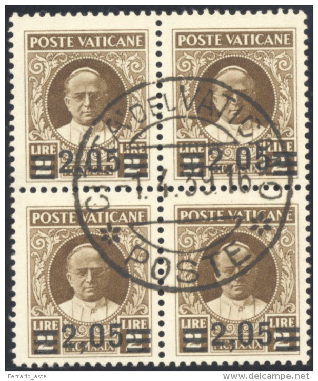 1937 - 2,05 Su 2 Lire Provvisoria, II Tiratura (37), Blocco Di Quattro, Usato, Perfetto. Cert. Diena... - Autres & Non Classés