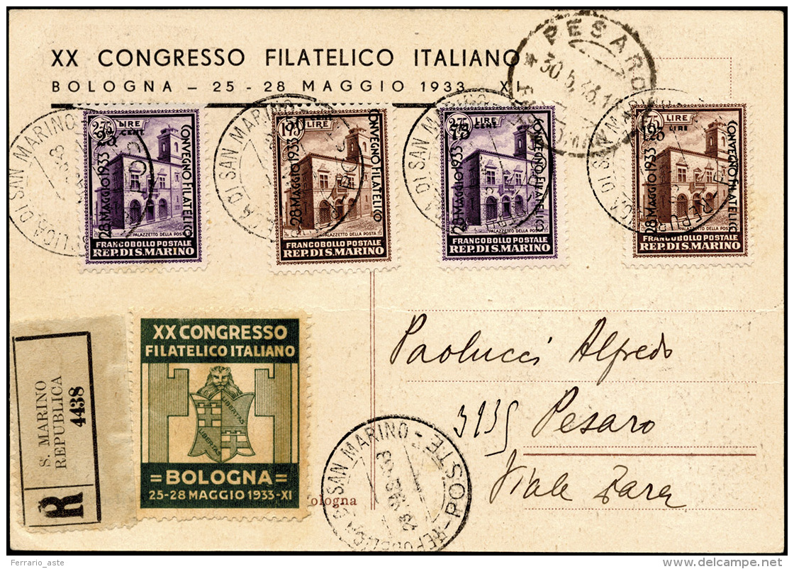 1933 - Congresso Filatelico (176/179), Perfetti, Su Cartolina Raccomandata Del 28/5/1933 A Pesaro. ... - Other & Unclassified
