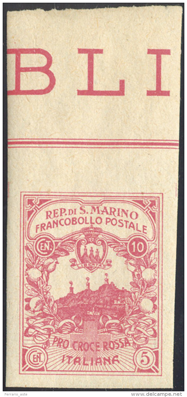 1916 - 10+5 Cent. Croce Rossa, Non Dentellato (CEI 50Aa), Bordo Di Foglio In Alto, Gomma Originale I... - Other & Unclassified