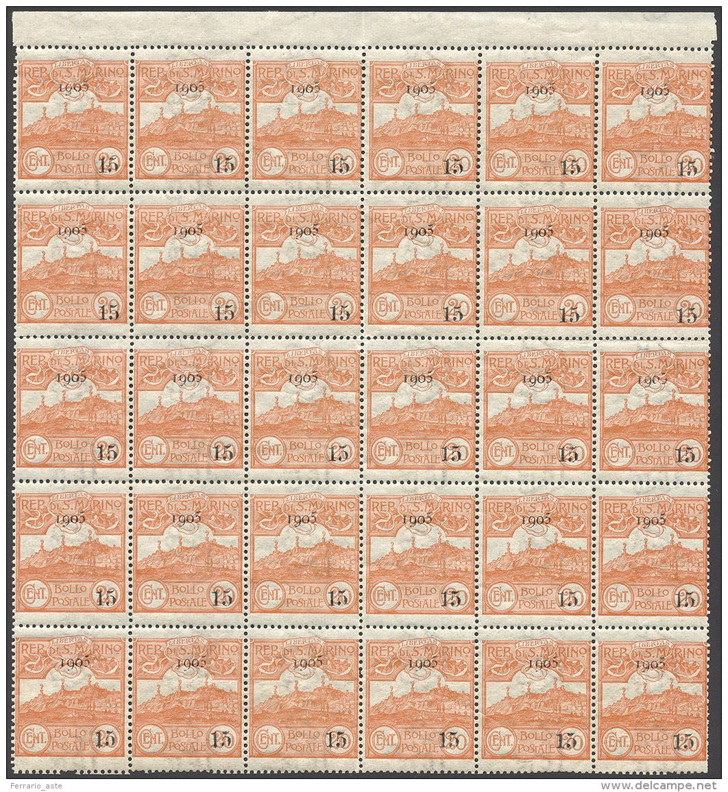 1905 - 15 Cent. Su 20 Cent. (46), Blocco Di 30 Esemplari, Gomma Originale Integra, Perfetti, Ottima ... - Other & Unclassified