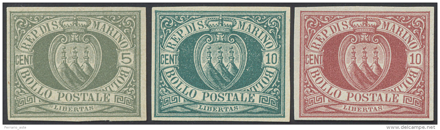 1892/99 - 5 Cent. Verde Olivastro, 10 Cent. Verde Azzurro E 10 Cent. Rosso Bruno Stemmi, Prove D'arc... - Other & Unclassified