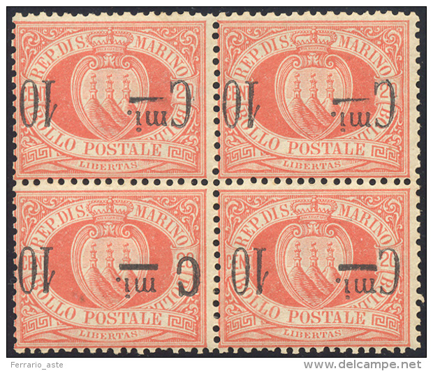 1892 - 10 Cent. Su 20 Cent. Rosso, Soprastampa Capovolta (10a), Blocco Di Quattro, Un Esemplare Con ... - Other & Unclassified