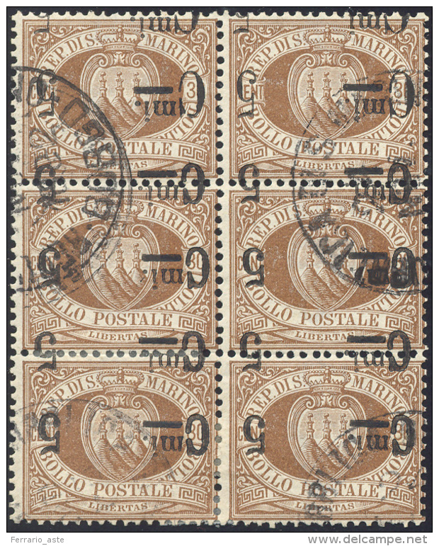 1892 - 5 Cent. Su 30 Cent. Bruno, Doppia Soprastampa Capovolta (9d), Blocco Di Sei Esemplari Usati, ... - Other & Unclassified