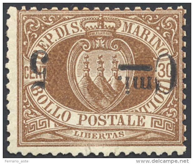 1892 - 5 Cent. Su 30 Cent., Soprastampa Capovolta (9a), Gomma Originale Integra, Perfetto. ... - Other & Unclassified