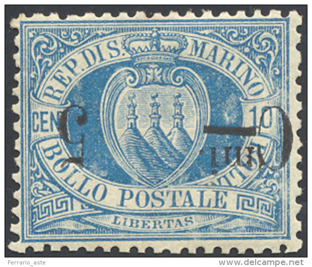 1892 - 5 Cent. Su 10 Cent. Azzurro, Soprastampa Capovolta (8a), Ottima Centratura, Gomma Originale I... - Other & Unclassified