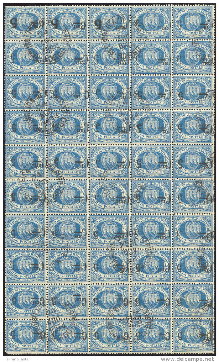 1892 - 5 Cent. Su 10 Cent. Azzurro, Soprastampa Capovolta (8a), Foglio Completo Di Cinquantra Esempl... - Other & Unclassified