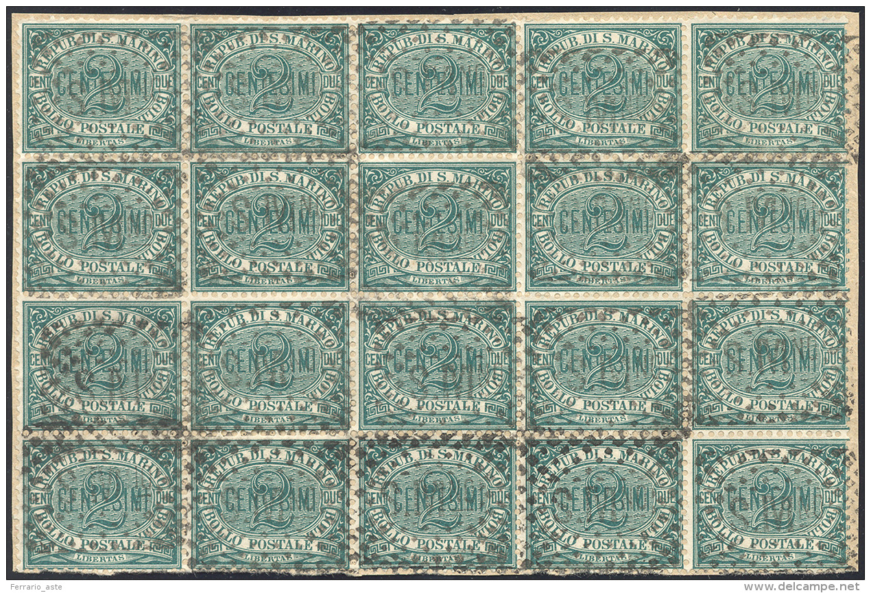 1877 - 2 Cent. Verde Cifra (1), Blocco Di Venti, Perfetto, Usato Su Piccolo Frammento. Molto Bello, ... - Other & Unclassified