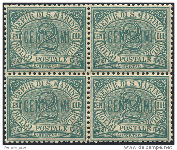 1877 - 2 Cent. Verde Cifra (1), Ottima Centratura, Blocco Di Quattro, Gomma Originale Integra, Perfe... - Other & Unclassified