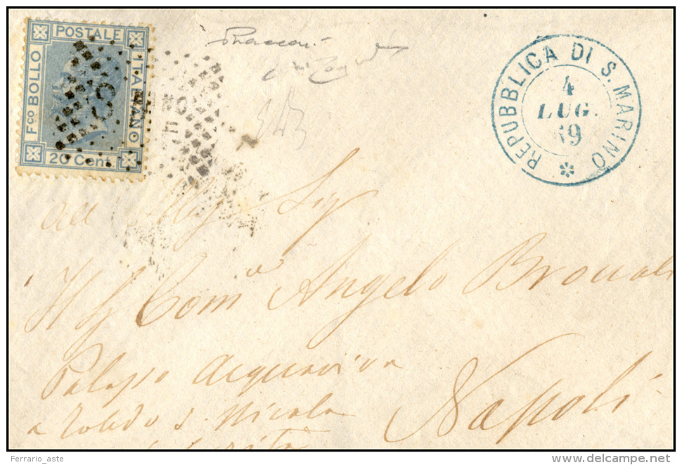 1869 - 20 Cent. Celeste, Tiratura Di Londra (F11L), Perfetto, Su Piccola Busta Annullato Con Il Boll... - Other & Unclassified