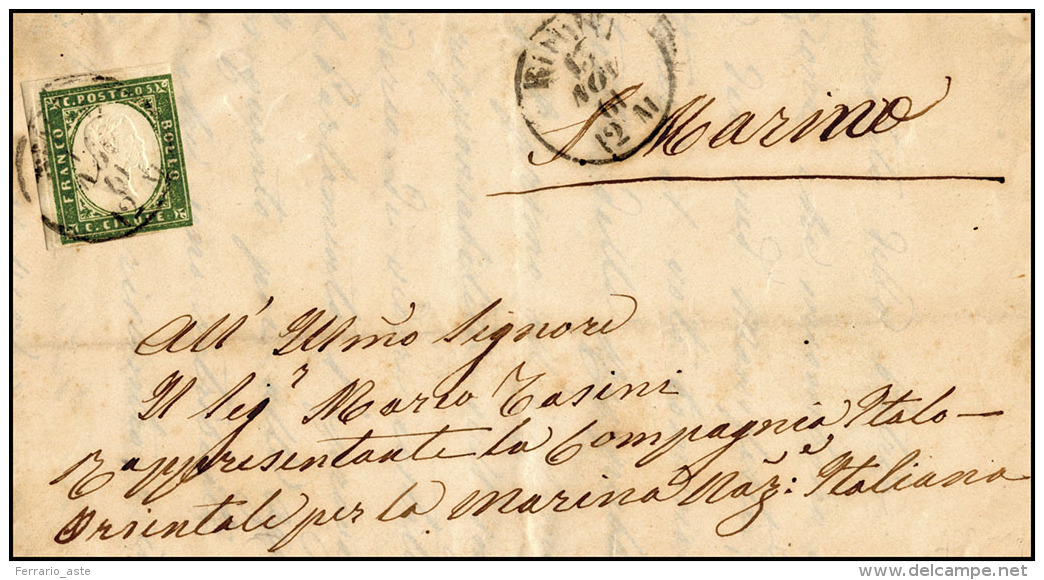 INCOMING MAIL 1861 - 5 Cent. Verde Oliva Chiaro Della IV Emissione Di Sardegna (13Ca), Sfiorato A De... - Other & Unclassified