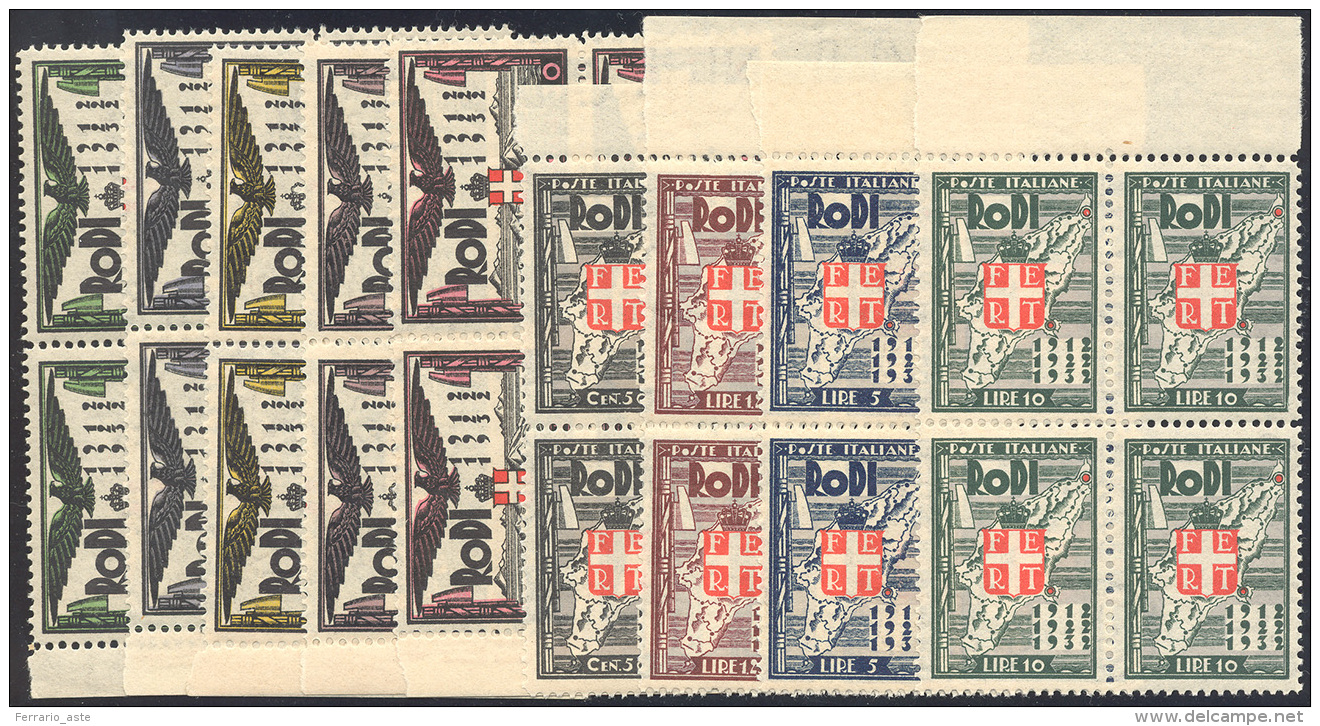 1932 - Ventennale Dell'occupazione, 9 Valori (65/73), Blocchi Di Quattro, Gomma Originale Integra, P... - Egeo